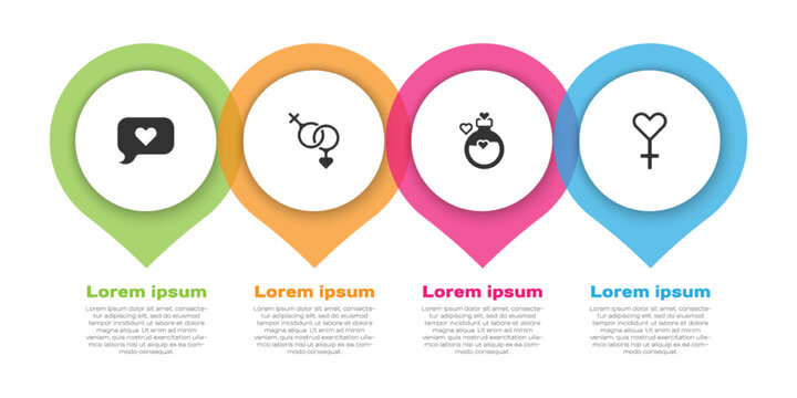 Set Heart In Speech Bubble, Gender, Bottle With Love Potion And Female Gender Symbol. Business Infographic Template. Vector