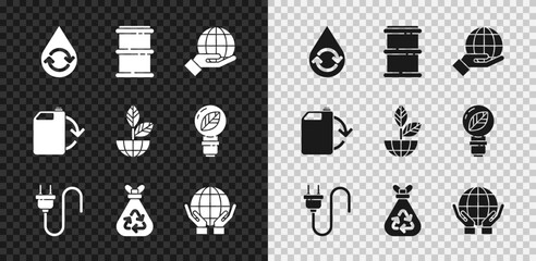Set Recycle clean aqua, Barrel, Hand holding Earth globe, Electric plug, Garbage bag with recycle, Hands, Eco fuel canister and plant icon. Vector