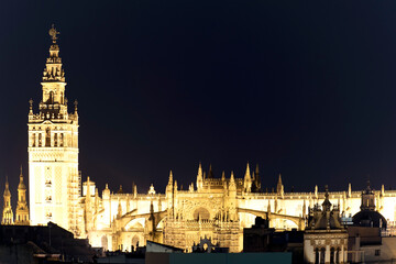 Fototapeta na wymiar La Giralda the most famous tower with the Cathedral in Seville Andalusia Spain Europe at night