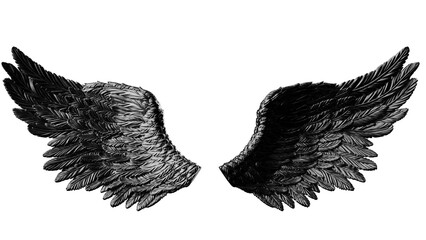 Metallic black wings under white lighting background. Concept 3D CG of free activity, decision without regret and strategic action. PNG file format.	