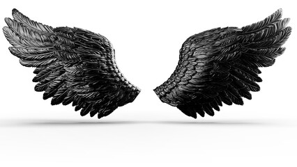 Metallic black wings under white lighting background. Concept 3D CG of free activity, decision without regret and strategic action. PNG file format.	