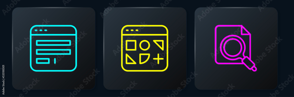 Poster set line browser window, search concept with folder and different files. black square button. vector