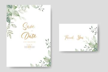 Green Leaves Watercolor Wedding Invitation Card Template  ,