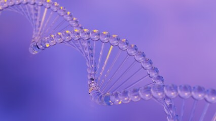 Science Molecular Clear DNA Model Structure under blue-yellow flash lighting background. 3D illustration. 3D CG. 3D high quality rendering.