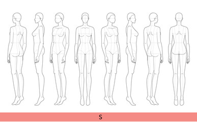 Set of S Size Women Fashion template 9 nine head Croquis Lady model skinny body with main lines figure front, side, 3-4, back view. Vector isolated outline girl for Illustration, technical drawing