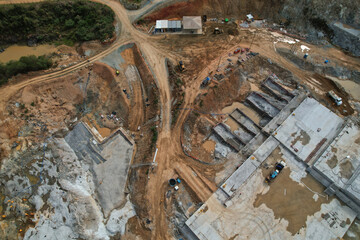 Pedreira, Sao Paulo, Brazil. October 01 2022: Aerial view of the construction of the dam in the city of Pedreira in the interior of São Paulo.