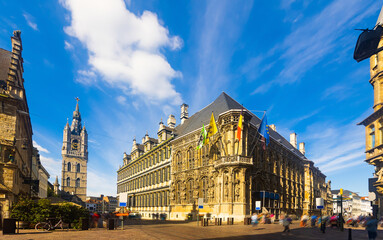 Fototapeta na wymiar Botermarkt Square with a view of the Ghent City Hall is a majestic building built in different architectural styles, Belgium