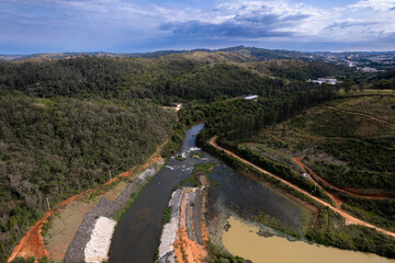 Pedreira, Sao Paulo, Brazil. October 01 2022: Aerial view of the construction of the dam in the city of Pedreira in the interior of São Paulo.
