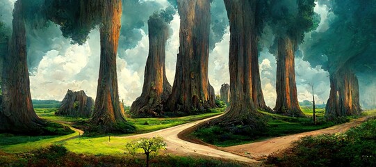 Enchanted forest, surreal dreamscape of majestic ancient oak trees towering high over the mystical woodland landscape and otherworldly clouds. Lush green summer fairytale fantasy art illustration.