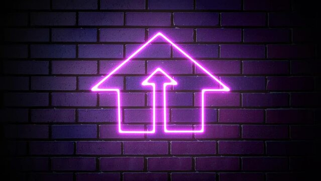Concept Idea of Increasing Home Value and Rising House Price in Future. Neon Home Icon with Arrow Upward Flashing Purple Light Animation on Dark Brick WBackBackgroundusing, Investing and Real Estate. 