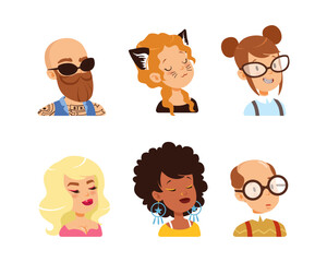 Collection of portraits of people. Male, female persons and children with different skin color, hairstyles and accessories vector illustration