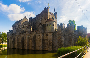Fototapeta na wymiar Impressive view of Gravensteen castle at Ghent, East Flanders in Belgium