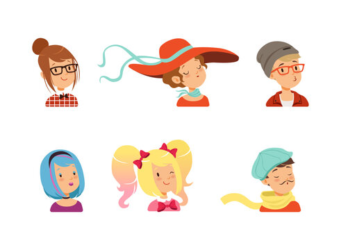 Collection of portraits of people. Male, female persons with different hairstyles, headwear and accessories vector illustration