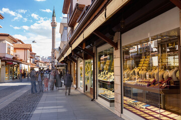 Street of Konya with numerous jewelry stores. Konya Province, Turkey.