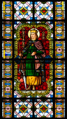 Saint Ladislas (Ladislaus I of Hungary). Stained-glass window in the Blumental church in Bratislava, Slovakia. 2021/07/20