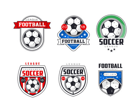 Football soccer league labels set. Sports tournament, championship badges vector illustration