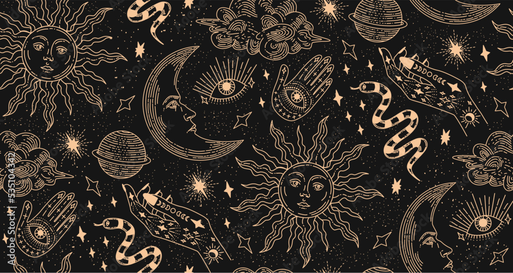 Canvas Prints seamless pattern with magical elements. set of linear vector illustrations. celestial illustrations 