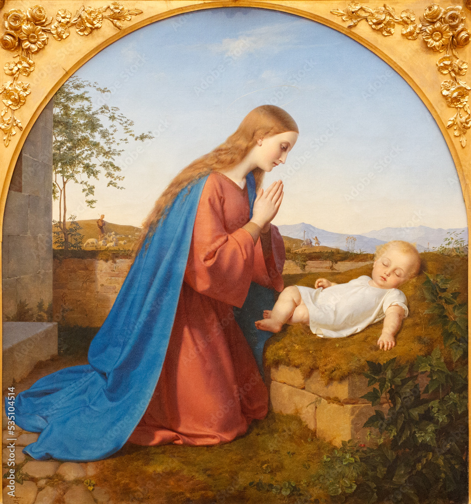 Wall mural the painting of madonna adoring the infant jesus by ernest deger (1809-1885). currently in the museu