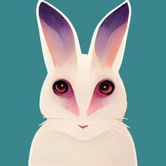 Portrait of a white cute hare on a blue background. Digital illustration.