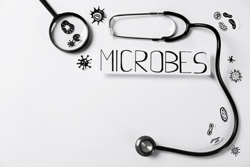 Card with word Microbes, pictures, magnifying glass and stethoscope on white background, flat lay....