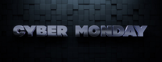 Cyber Monday Banner with Thick, Shiny 3D Text against Square tiles. Premium Background with copy-space.