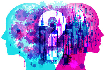 2 people&rsquo;s side silhouettes overlaid with various sized semi-transparent vaccine syringes and virus particles shapes. A large translucent question mark represents key questions and concerned thoughts.