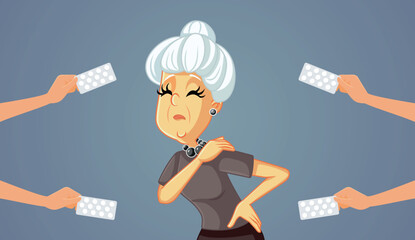 Senior Woman Suffering from Cervical Pain Receiving Treatment Vector Illustration. Elderly person with rheumatic problems receiving medical help 
