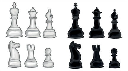 Vector Set of Black Sketch Chess Pieces. Full Chess Figures Collection.	