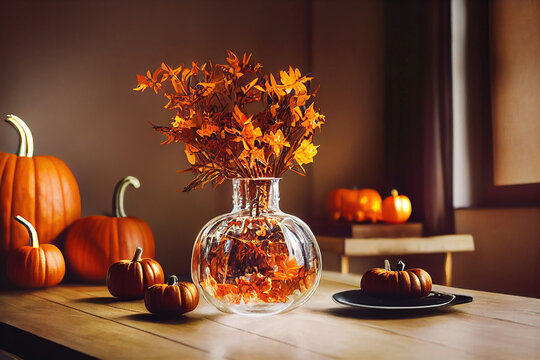 Beautiful autumn decoration, pumpkins, falling leaves, warm colors, autumn fall decoration wallpaper, 3d render