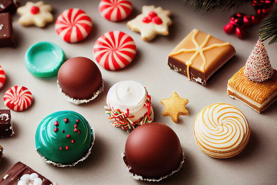 Holiday christmas homemade sweets and candies, chocolates and candy bars, 3d render
