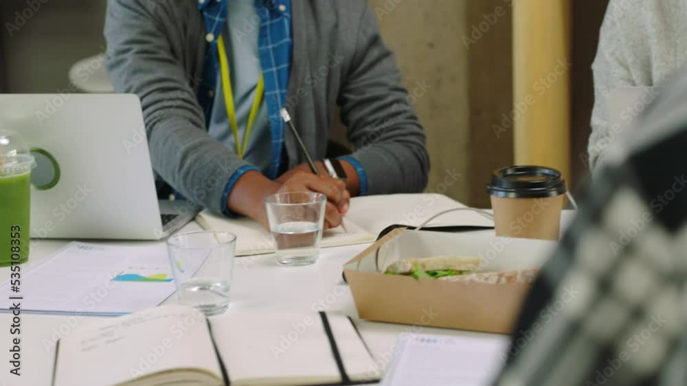 Poster advertising business team in a marketing meeting with digital tablet, laptop and notebook in office.