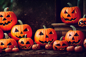 Many halloween pumpkin jack-o-lantern, 3d render