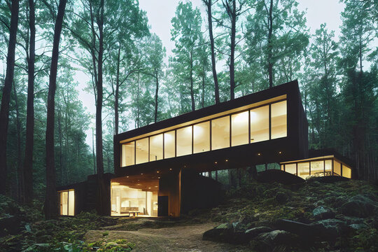 Beautiful modern house in the woods, big windows, forest scene background, 3d render, 3d illustration