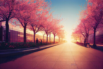 Cherry blossom sakura in modern city, urban environment background wallpaper