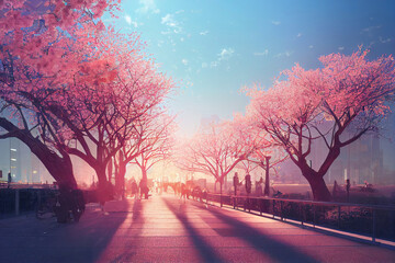 Cherry blossom sakura in modern city, urban environment background wallpaper