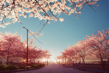 Cherry blossom sakura in modern city, urban environment background wallpaper
