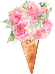 Watercolor flower bouquet peony tea rose ice-cream waffle sweet dessert isolated art