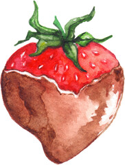 Watercolor sweet red strawberry in chocolate sauce isolated art - 535109546