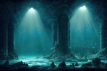 ancient underwater city, ocean scene, atlantis , fantasy background wallpaper - obrazy, fototapety, plakaty