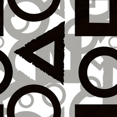 Watercolor pattern black geometry and leaf silhouette on white background for your seamless design