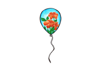 Watercolor balloon and orange flower on white background for your design