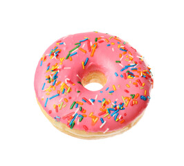 Sweet tasty glazed donut decorated with sprinkles isolated on white