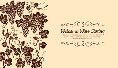 Banner welcome wine tasting party. Vintage advertisement poster template card with grapes. Engraving design winemaking bar, craft monochrome background. Restaurant alcohol menu, invitation flyer