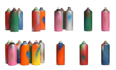 Set with used cans of spray paints on white background. Banner design