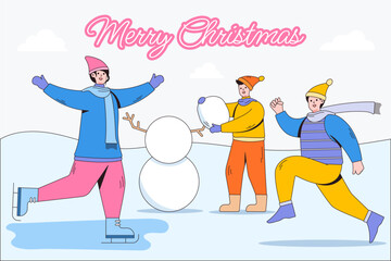 Merry Christmas background with family activities enjoying seasonal winter, son making a snowman, father running, mother ice skating. Cartoon characters with outline. Vector illustrations