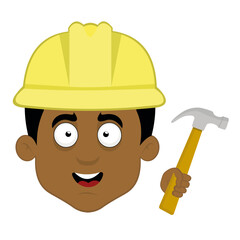 Vector emoticon illustration of the face of a man cartoon builder, with a construction helmet and a hammer in hand