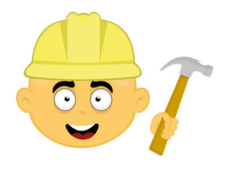 Vector emoticon illustration of the face of a yellow cartoon builder, with a construction helmet and a hammer in hand