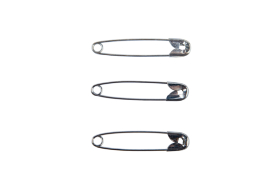 metal safety pins isolated on transparent background, Close up
