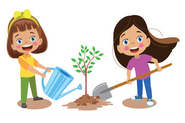 cute happy kids planting saplings