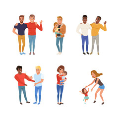 Set of diversity couples. Lesbian, homosexual and heterosexual people. Fatherhood and motherhood vector illustration